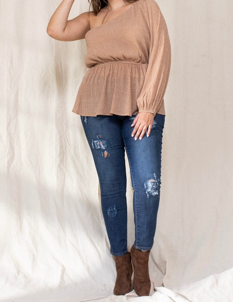 Blusa taupe/puntos off shoulder 3902