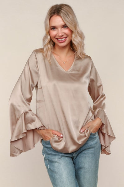 Satin blusa manga Taupe 7107