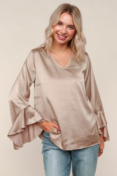 Satin blusa manga Taupe 7107
