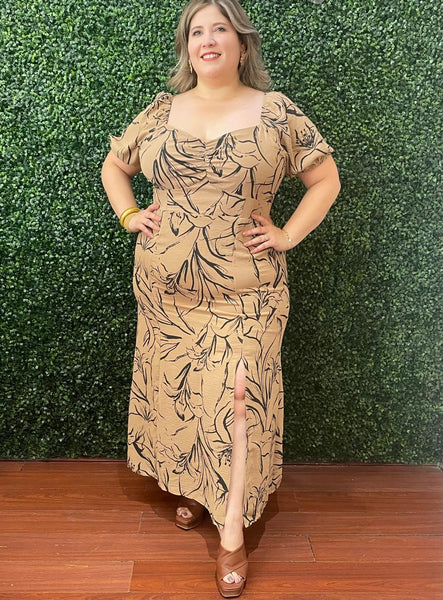 Vestido midi floral taupe 6303