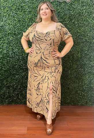 Vestido midi floral taupe 6303