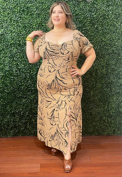 Vestido midi floral taupe 6303